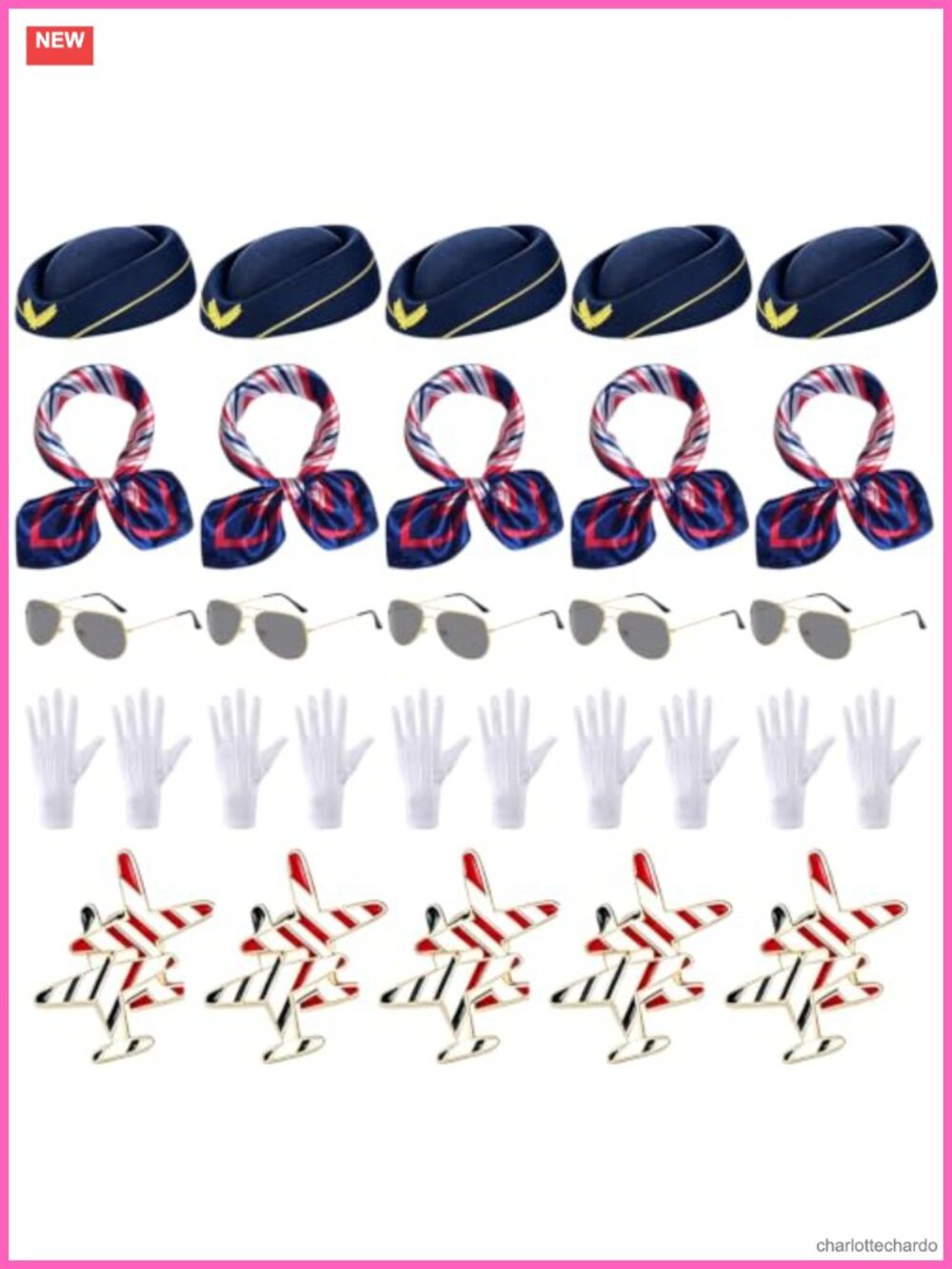 5 Set Flight Attendant Costume Accessory Set Hats Scarf Gloves Badge Women